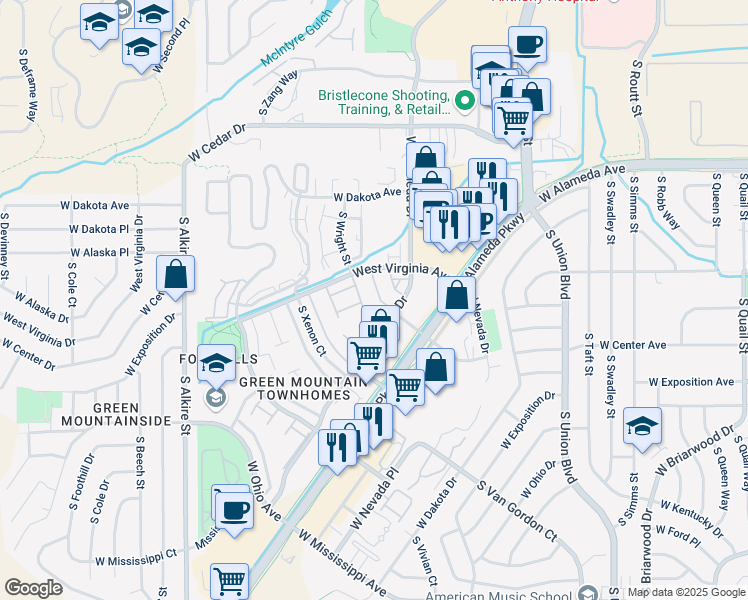 map of restaurants, bars, coffee shops, grocery stores, and more near 12564 West Virginia Avenue in Lakewood