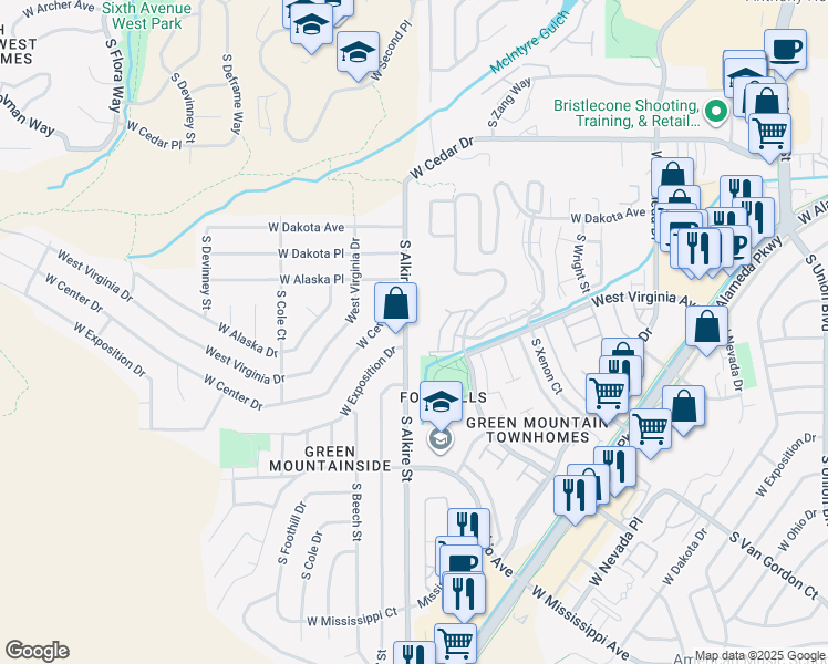 map of restaurants, bars, coffee shops, grocery stores, and more near 548 South Alkire Street in Lakewood