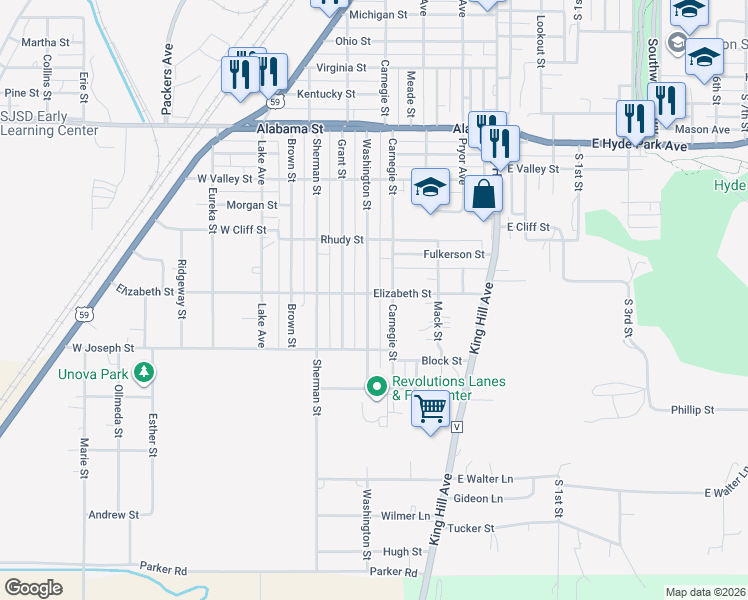 map of restaurants, bars, coffee shops, grocery stores, and more near 6601 Washington Street in Saint Joseph