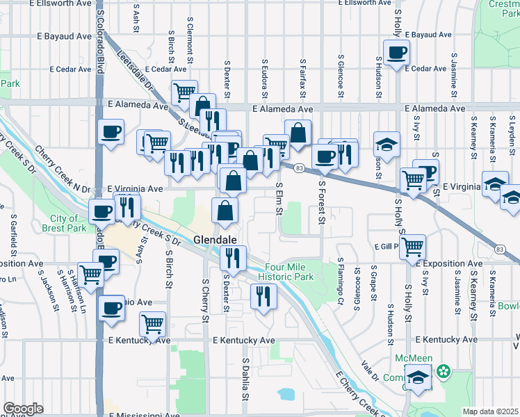 map of restaurants, bars, coffee shops, grocery stores, and more near 580 Dahlia Circle in Denver
