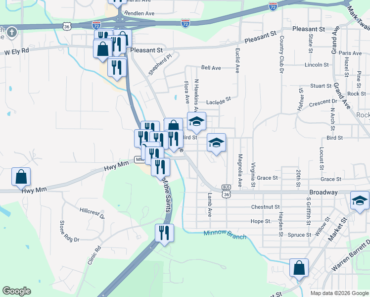map of restaurants, bars, coffee shops, grocery stores, and more near 2902 Saint Marys Avenue in Hannibal