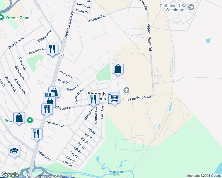 map of restaurants, bars, coffee shops, grocery stores, and more near 335 Sheridan Drive in New Castle