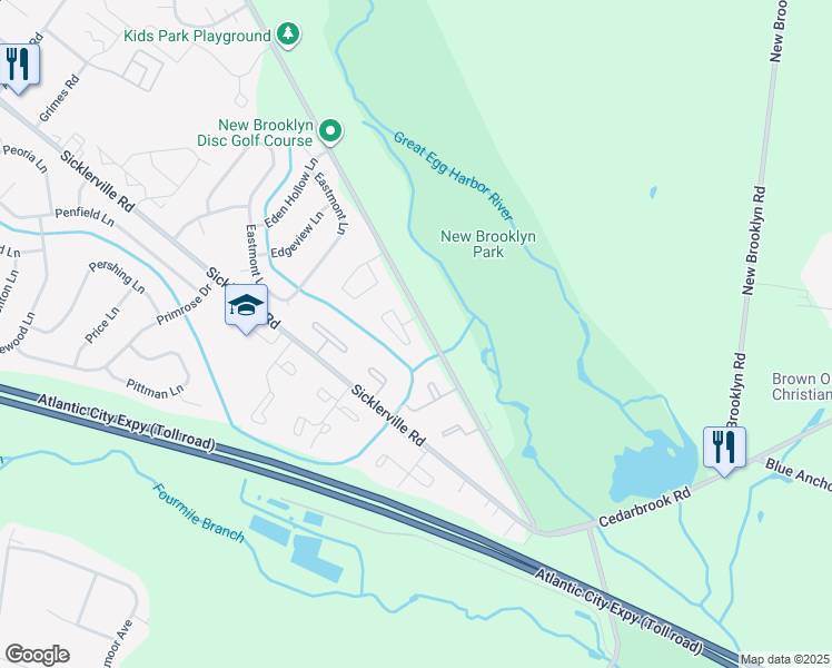 map of restaurants, bars, coffee shops, grocery stores, and more near 5 Victoria Manor Court in Sicklerville