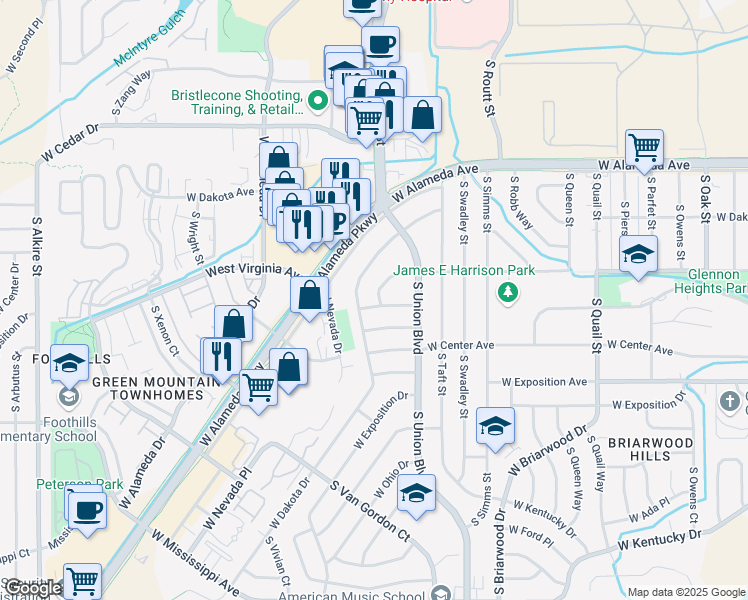 map of restaurants, bars, coffee shops, grocery stores, and more near 12093 West Virginia Avenue in Lakewood