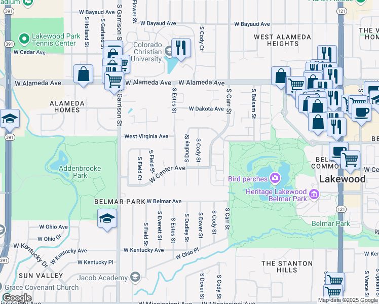 map of restaurants, bars, coffee shops, grocery stores, and more near 548 South Dudley Street in Lakewood