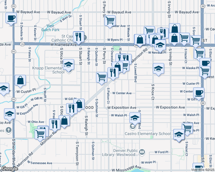 map of restaurants, bars, coffee shops, grocery stores, and more near 3950 Morrison Road in Denver