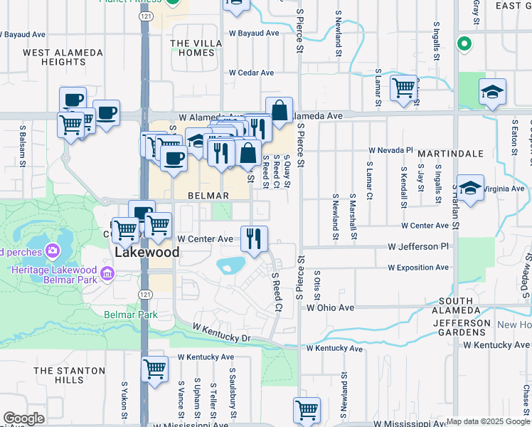 map of restaurants, bars, coffee shops, grocery stores, and more near 545 South Reed Street in Lakewood