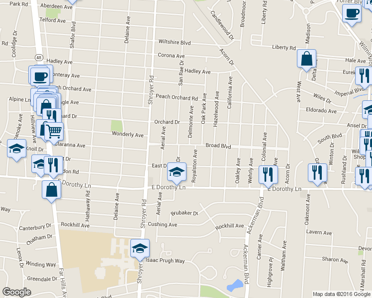 map of restaurants, bars, coffee shops, grocery stores, and more near 608 Broad Boulevard in Dayton
