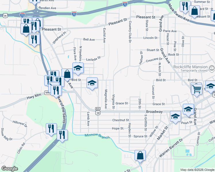 map of restaurants, bars, coffee shops, grocery stores, and more near 312 Magnolia Avenue in Hannibal