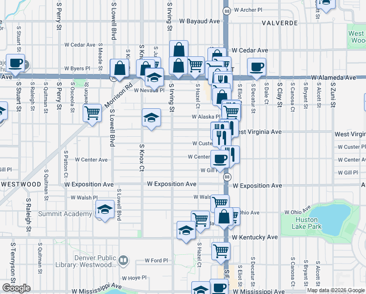 map of restaurants, bars, coffee shops, grocery stores, and more near 3200 West Custer Place in Denver
