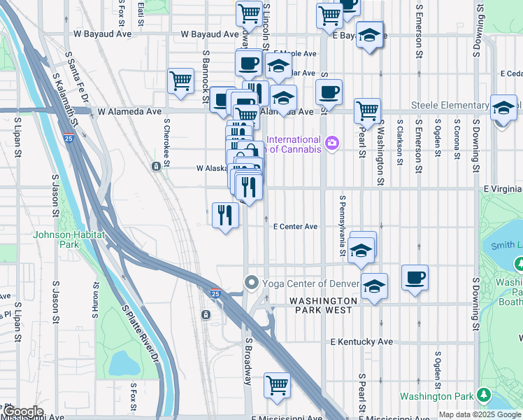 map of restaurants, bars, coffee shops, grocery stores, and more near 559 South Lincoln Street in Denver