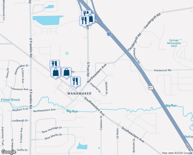 map of restaurants, bars, coffee shops, grocery stores, and more near 9055 Northeastern Avenue in Indianapolis