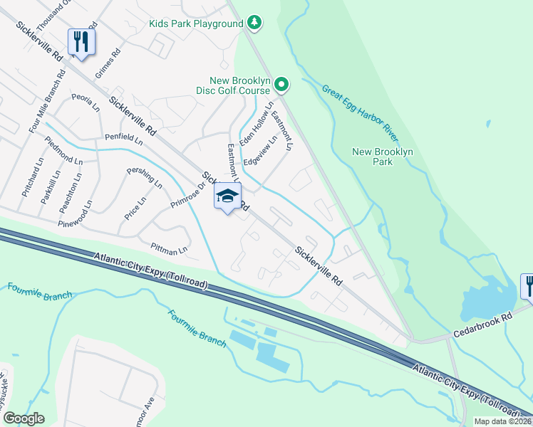 map of restaurants, bars, coffee shops, grocery stores, and more near 9 Villanova Court in Sicklerville