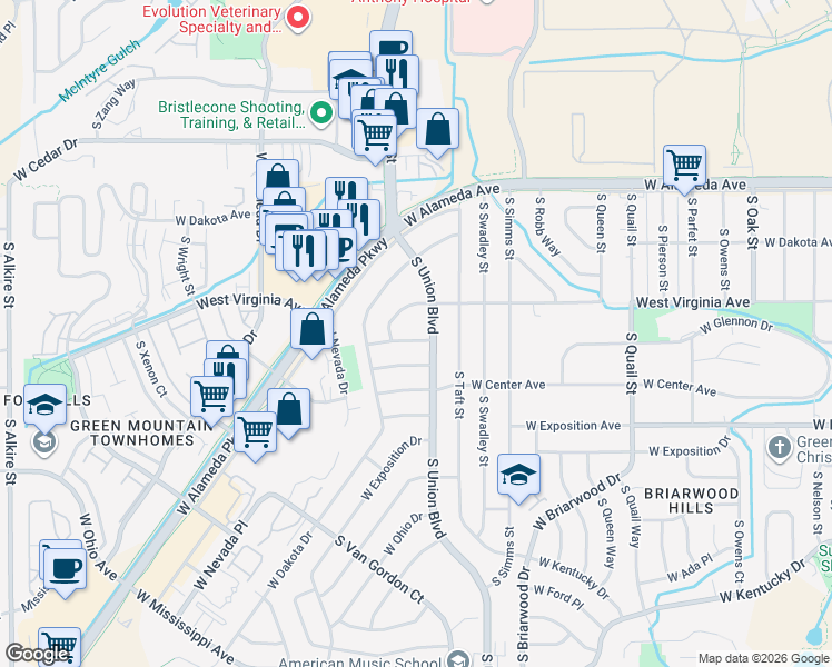 map of restaurants, bars, coffee shops, grocery stores, and more near 12015 West Virginia Place in Lakewood
