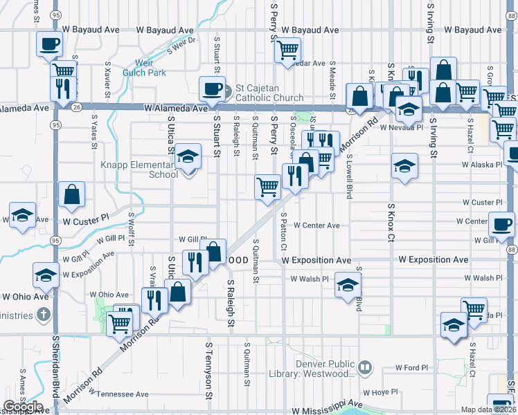 map of restaurants, bars, coffee shops, grocery stores, and more near 618 South Quitman Street in Denver