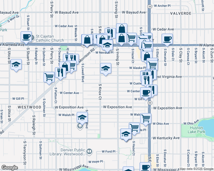 map of restaurants, bars, coffee shops, grocery stores, and more near 3412 West Custer Place in Denver