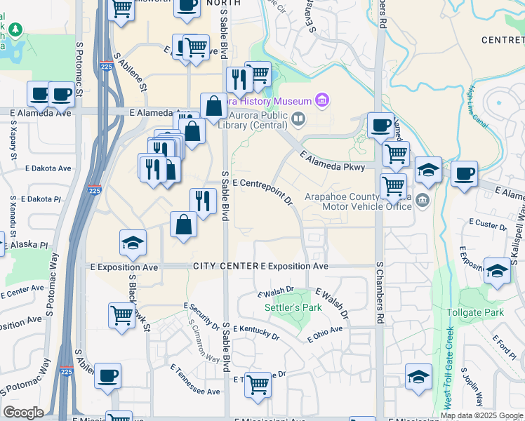 map of restaurants, bars, coffee shops, grocery stores, and more near 14555 East Centrepoint Drive in Aurora