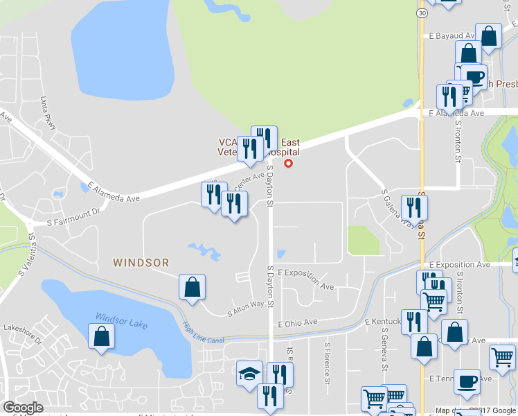 map of restaurants, bars, coffee shops, grocery stores, and more near 610 East Center Avenue in Denver