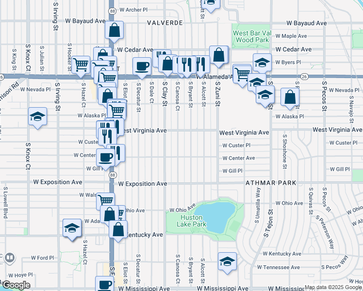 map of restaurants, bars, coffee shops, grocery stores, and more near 565 South Canosa Court in Denver
