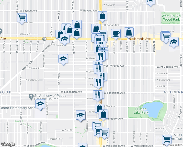 map of restaurants, bars, coffee shops, grocery stores, and more near 3134 West Custer Place in Denver