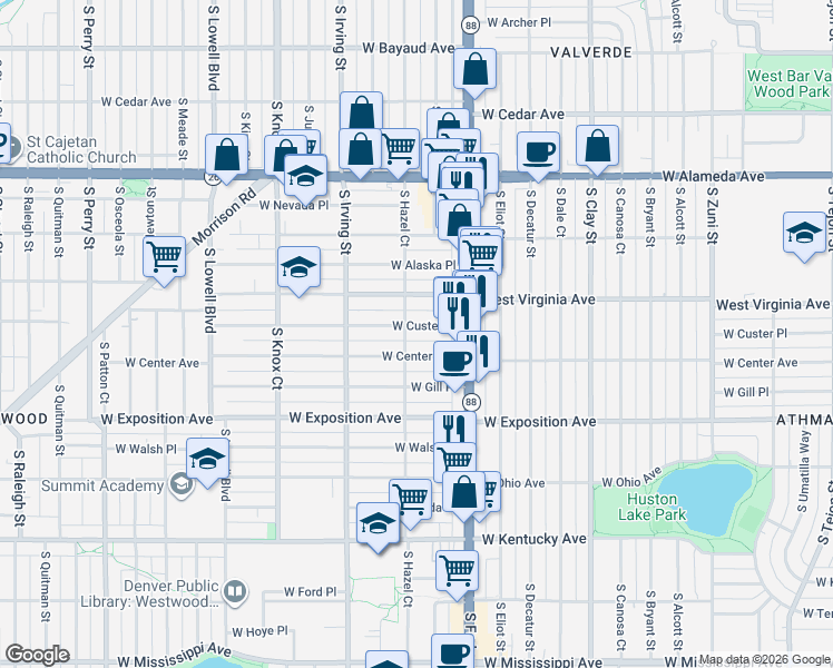map of restaurants, bars, coffee shops, grocery stores, and more near 3134 West Custer Place in Denver