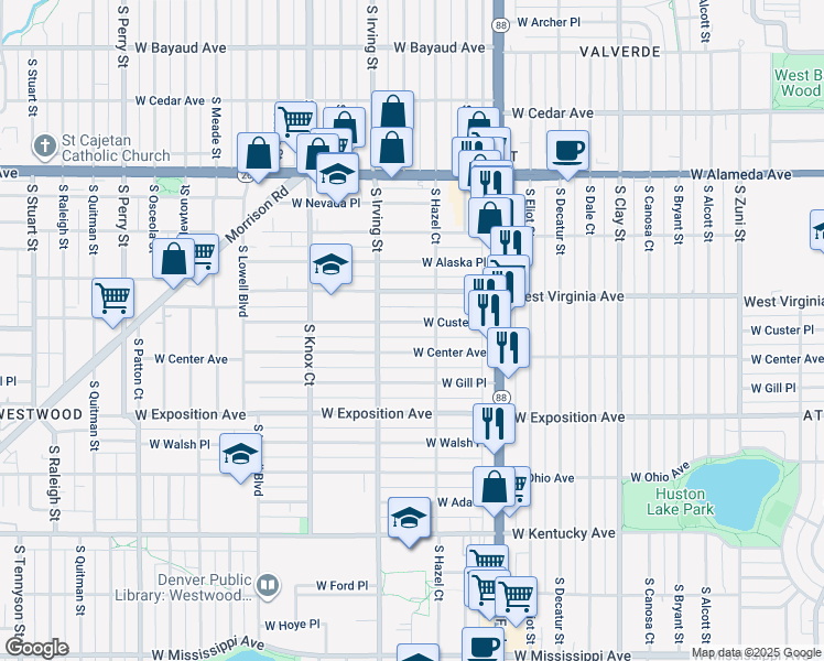 map of restaurants, bars, coffee shops, grocery stores, and more near 3200 West Custer Place in Denver