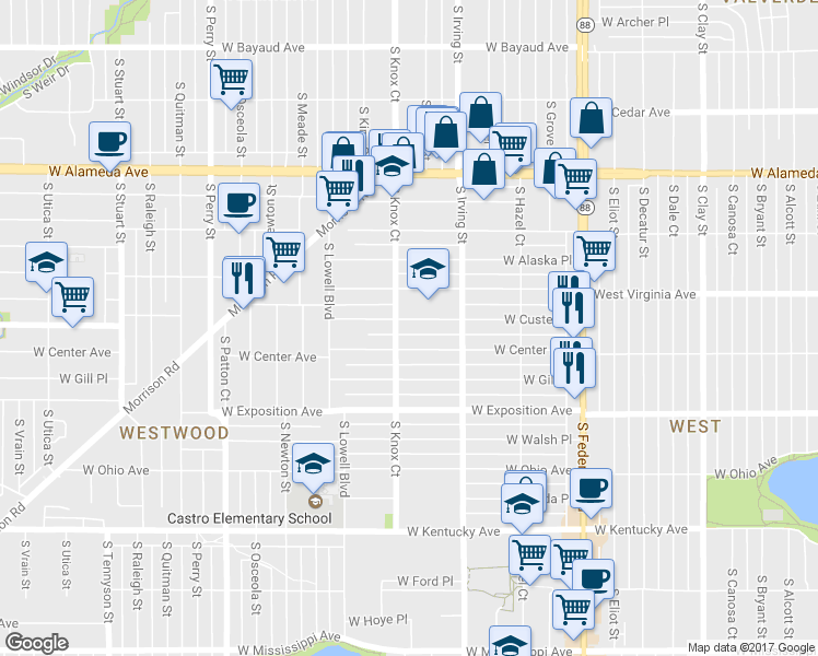 map of restaurants, bars, coffee shops, grocery stores, and more near 3412 West Custer Place in Denver