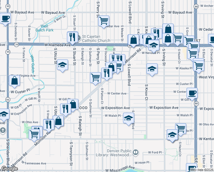 map of restaurants, bars, coffee shops, grocery stores, and more near 500 South Patton Court in Denver