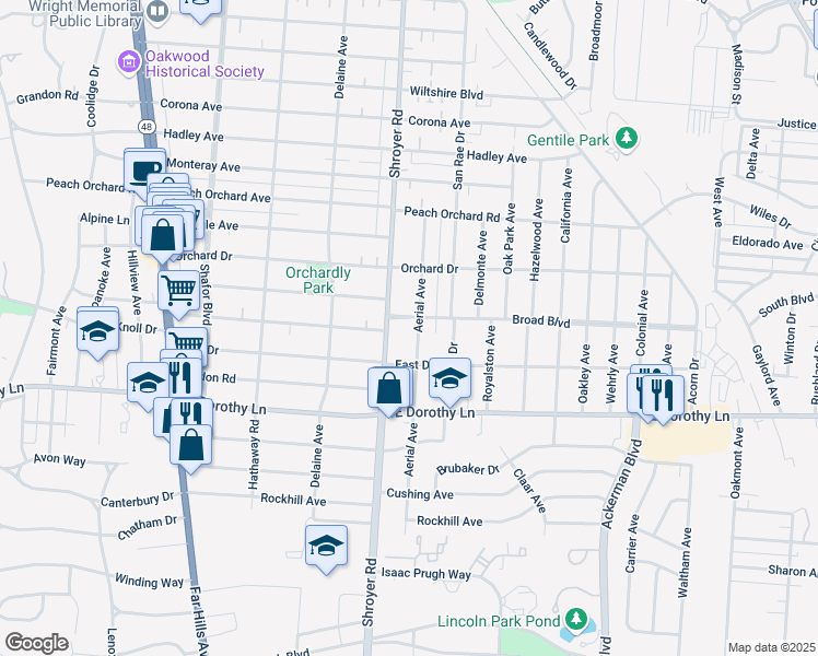 map of restaurants, bars, coffee shops, grocery stores, and more near 2630 Shroyer Road in Dayton