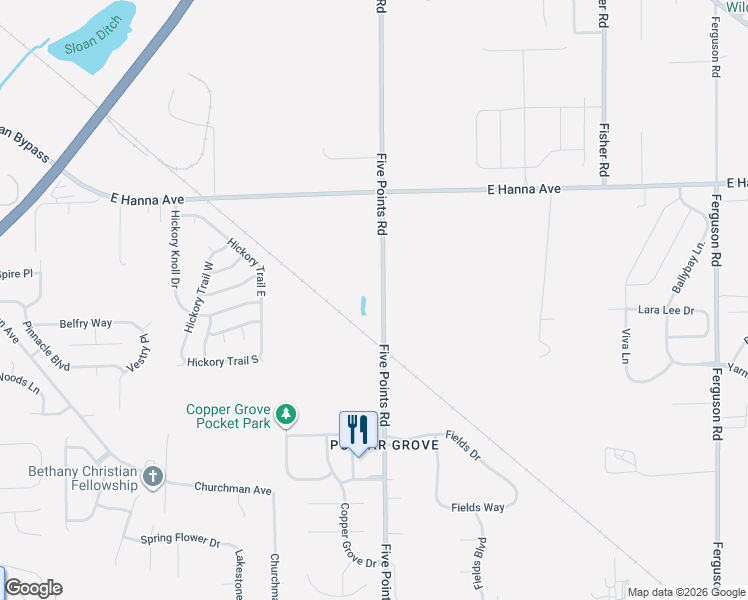 map of restaurants, bars, coffee shops, grocery stores, and more near 4231 Five Points Road in Indianapolis