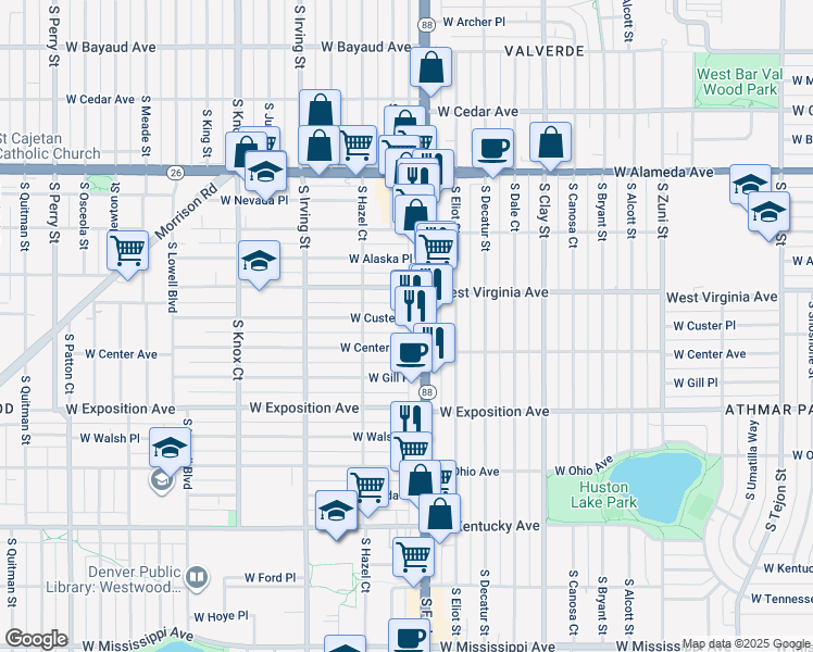 map of restaurants, bars, coffee shops, grocery stores, and more near 3020 West Custer Place in Denver