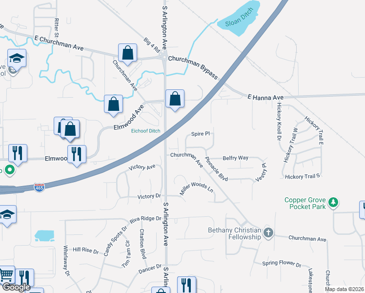 map of restaurants, bars, coffee shops, grocery stores, and more near 4234 South Spire Drive in Indianapolis