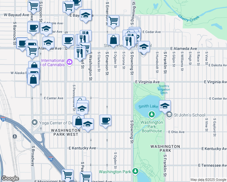 map of restaurants, bars, coffee shops, grocery stores, and more near 553 South Ogden Street in Denver