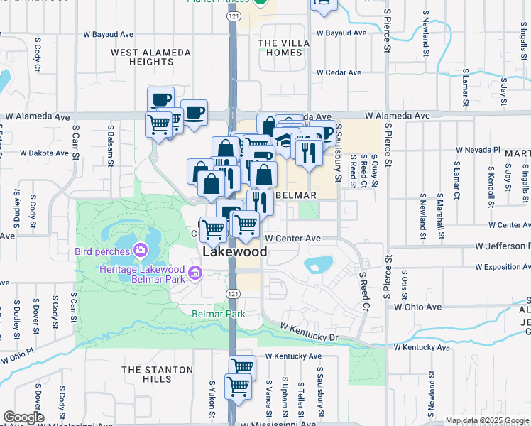map of restaurants, bars, coffee shops, grocery stores, and more near 530 South Vance Street in Lakewood