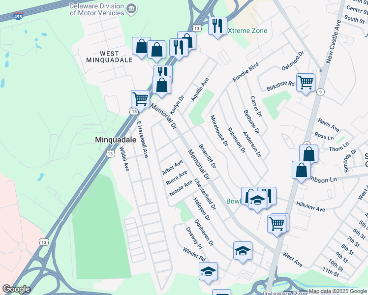 map of restaurants, bars, coffee shops, grocery stores, and more near 96 Memorial Drive in New Castle