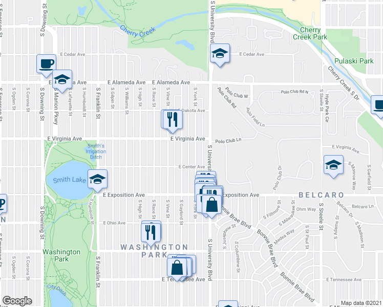 map of restaurants, bars, coffee shops, grocery stores, and more near 551 South York Street in Denver