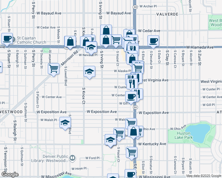 map of restaurants, bars, coffee shops, grocery stores, and more near 3200 West Custer Place in Denver