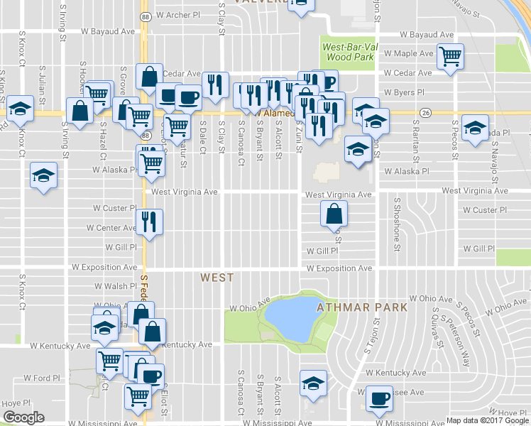 map of restaurants, bars, coffee shops, grocery stores, and more near 548 South Bryant Street in Denver