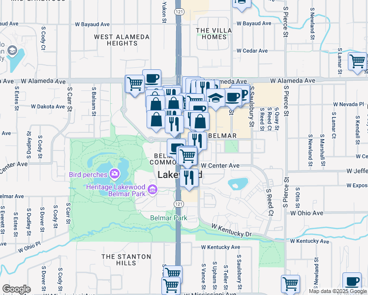 map of restaurants, bars, coffee shops, grocery stores, and more near 550 South Wadsworth Boulevard in Lakewood
