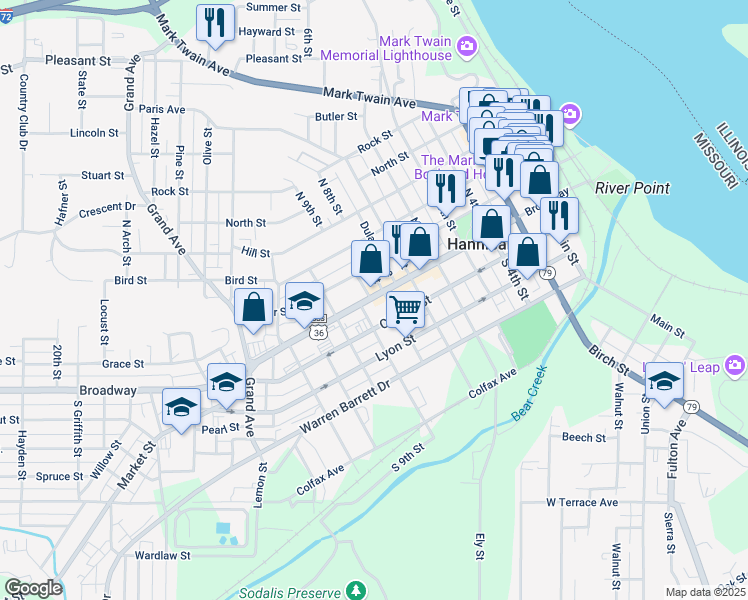 map of restaurants, bars, coffee shops, grocery stores, and more near 801 Broadway Exd in Hannibal