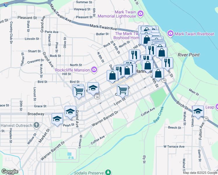 map of restaurants, bars, coffee shops, grocery stores, and more near 820 Broadway in Hannibal