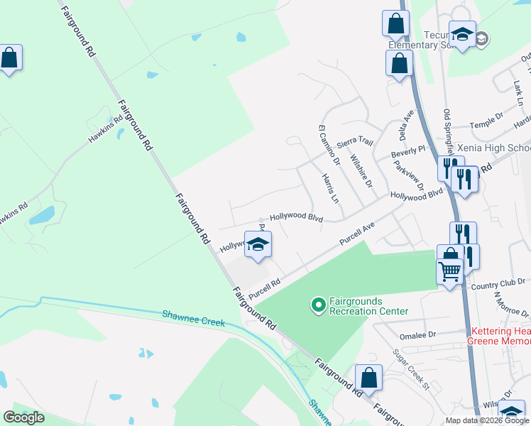 map of restaurants, bars, coffee shops, grocery stores, and more near 2231 Carousel Drive in Xenia