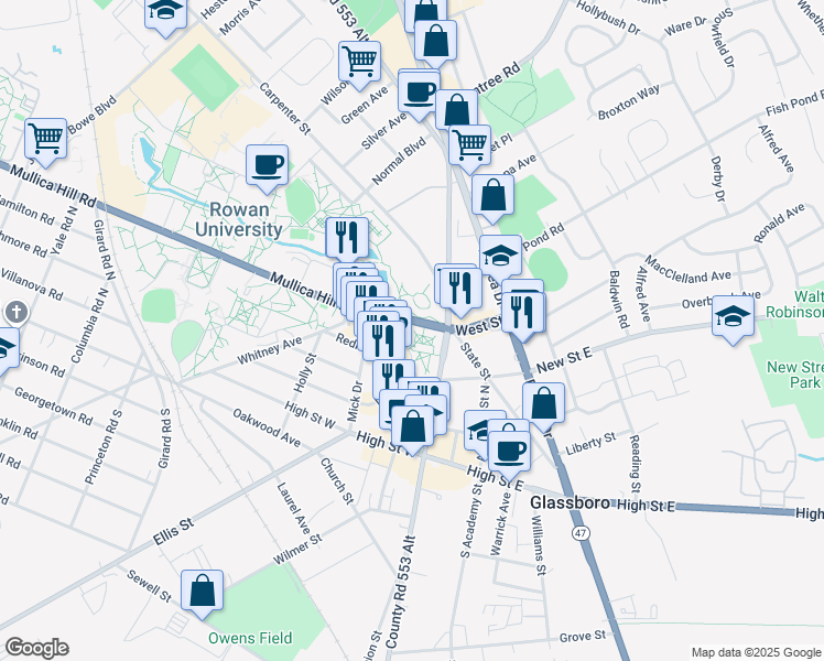 map of restaurants, bars, coffee shops, grocery stores, and more near 24 Mullica Hill Road in Glassboro