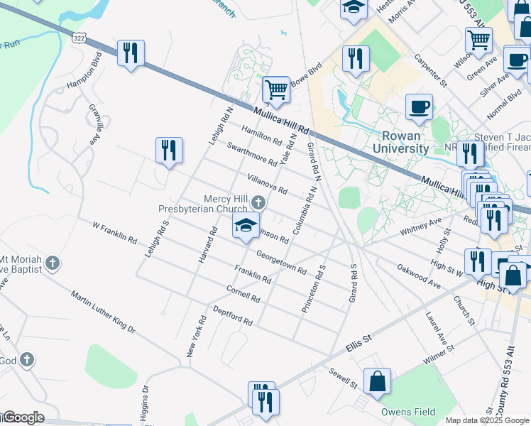 map of restaurants, bars, coffee shops, grocery stores, and more near 224 University Boulevard in Glassboro
