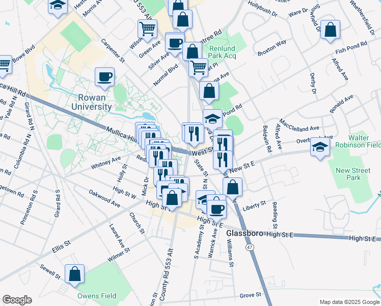 map of restaurants, bars, coffee shops, grocery stores, and more near Glassboro Road in Glassboro