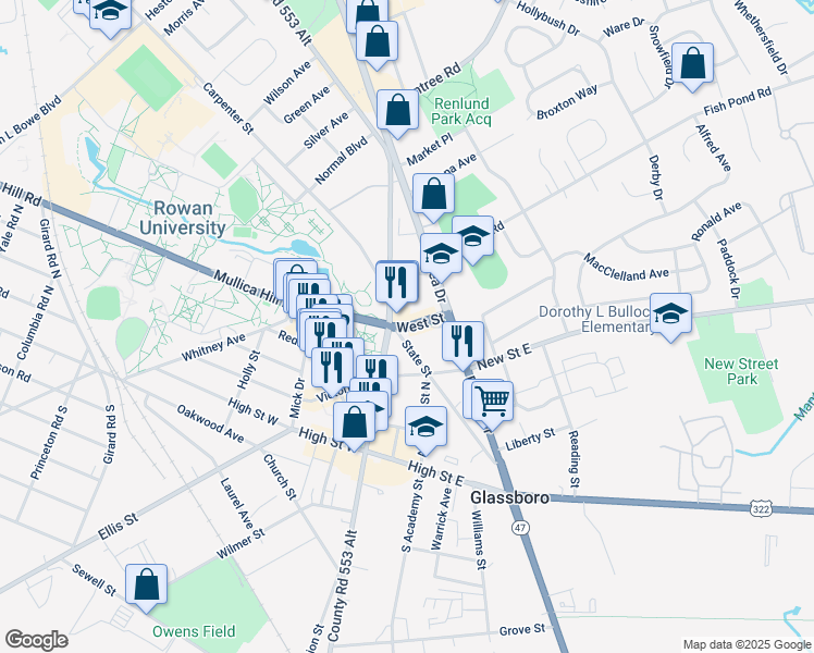map of restaurants, bars, coffee shops, grocery stores, and more near U.S. 322 & West Street in Glassboro