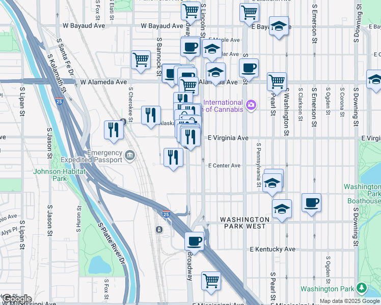 map of restaurants, bars, coffee shops, grocery stores, and more near 554 S Broadway in Denver