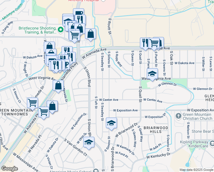 map of restaurants, bars, coffee shops, grocery stores, and more near 531 South Simms Street in Lakewood