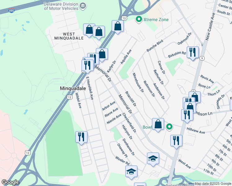 map of restaurants, bars, coffee shops, grocery stores, and more near 96 Memorial Drive in New Castle