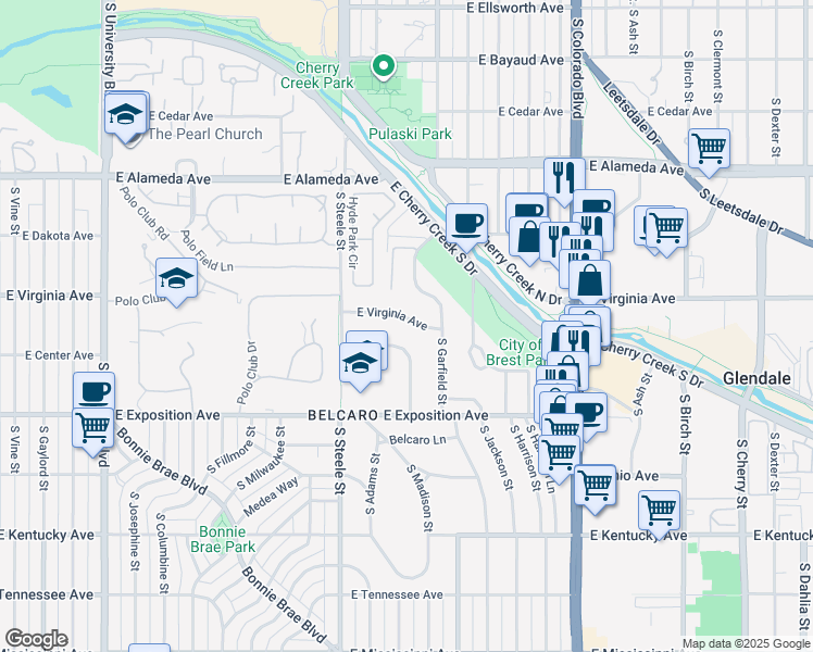 map of restaurants, bars, coffee shops, grocery stores, and more near 3528 East Virginia Avenue in Denver